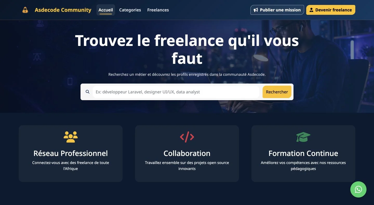 Page d’accueil d’Asdecode Community, avec recherche de freelances et présentation du réseau
